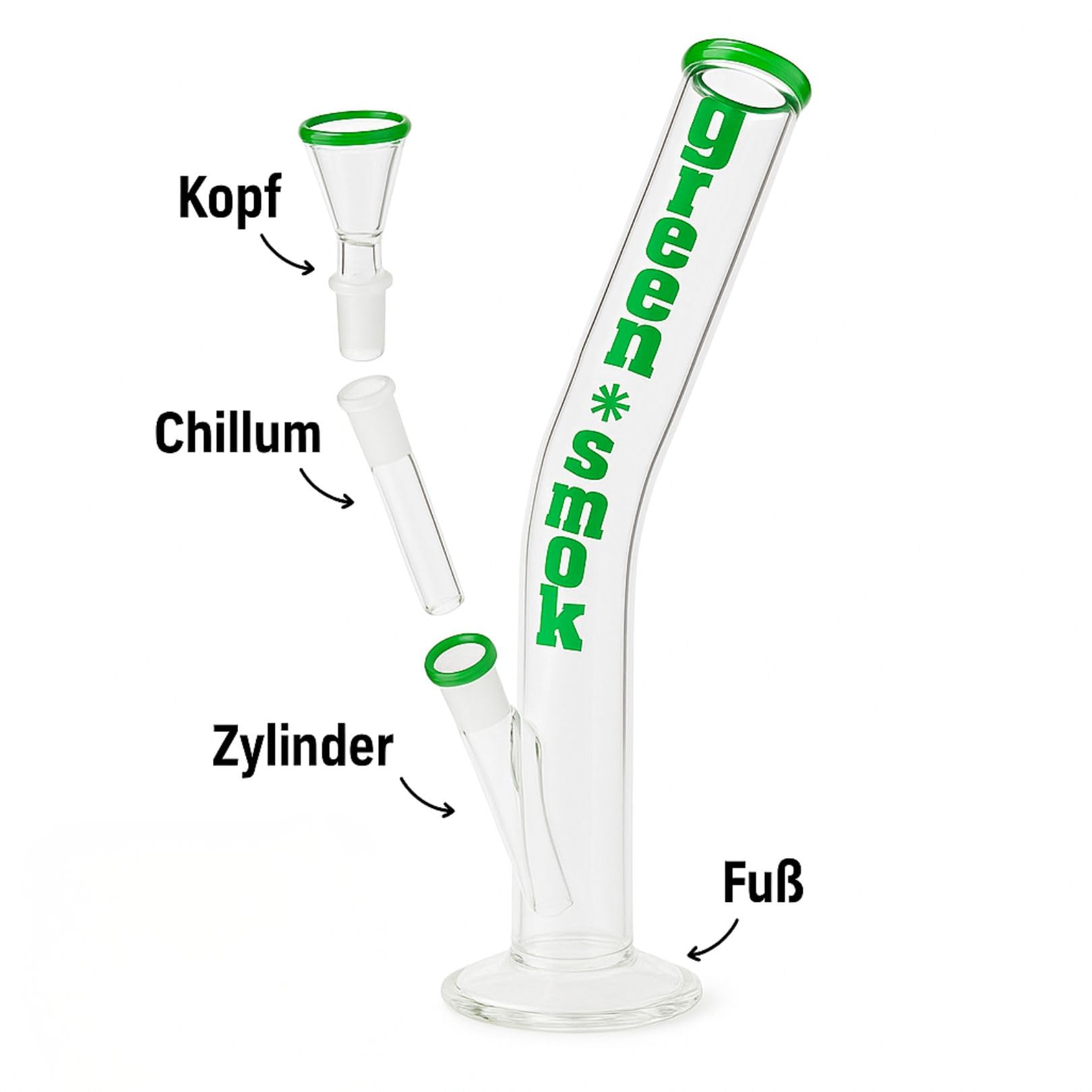Weedness Glas Bong 18,8 mm Schliff Ø 55mm - 40 cm hoch Grün - Schräge Bong Komplett Set Groß