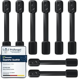 8 Stück Kindersicherung für Schrank, Verstellbare Baby Schubladensicherungen mit 3M Kleber, Baby Sicherheitsschlösser für Schränke, Schubladen, Kühlschrank - ohne Bohren (Schwarz)