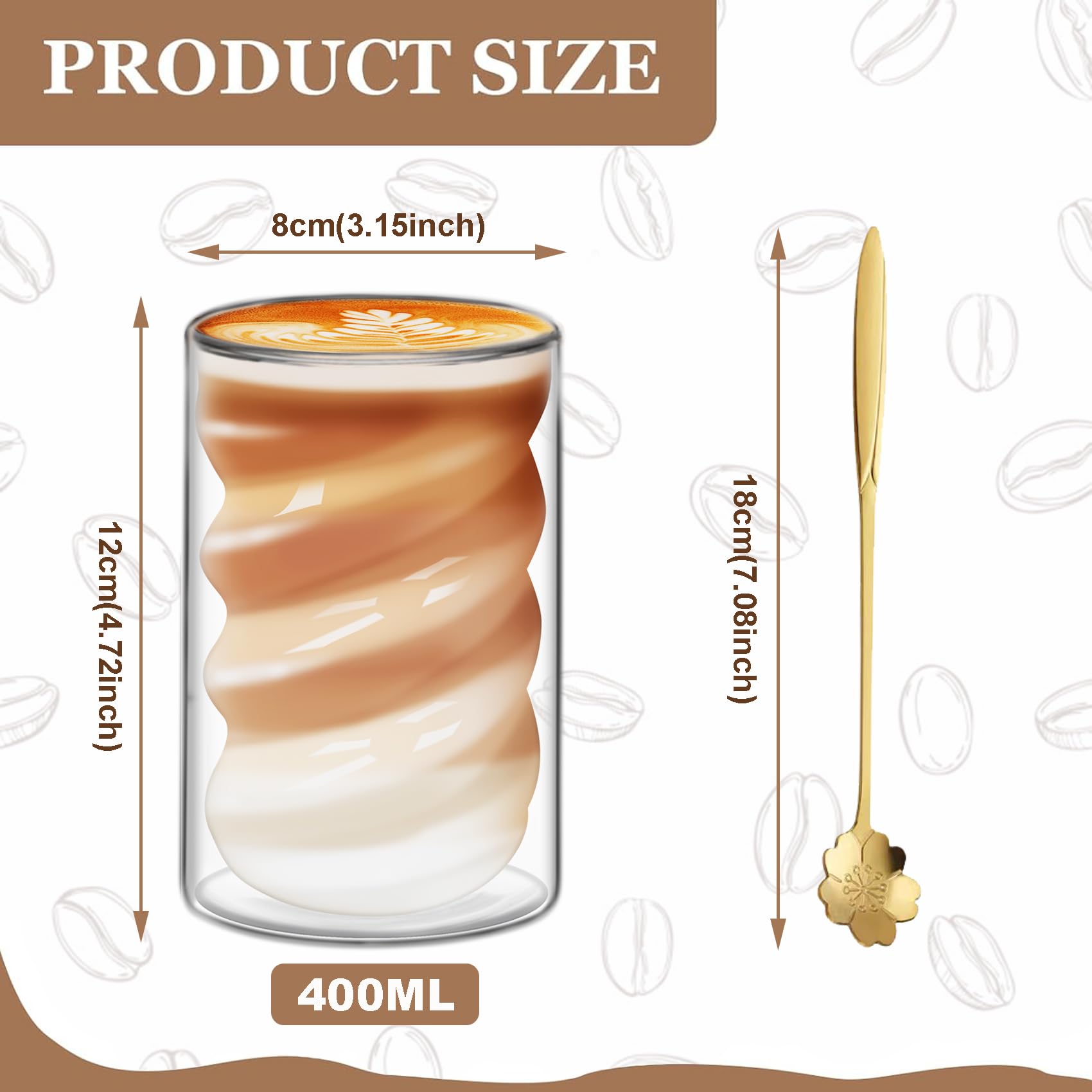 twoant Zestaw 4 filiżanek do kawy 400 ml dwuwarstwowe cappuccino ze szkła mlecznego, przezroczyste kubki ze szkła borokrzemowego z 4 łyżkami, odpowiednie do soku z kawy matcha