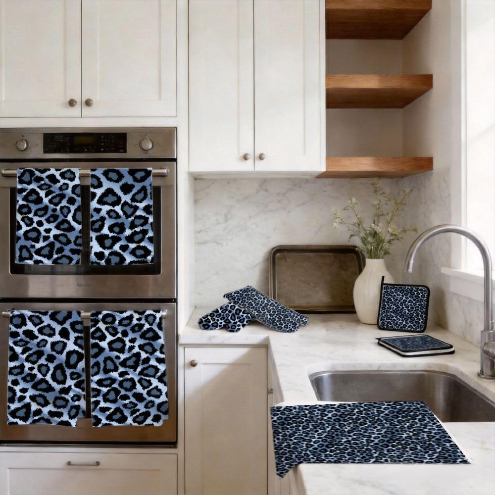 9PCS Blue Leopard Print2 Cucina Decor e Accessori Set