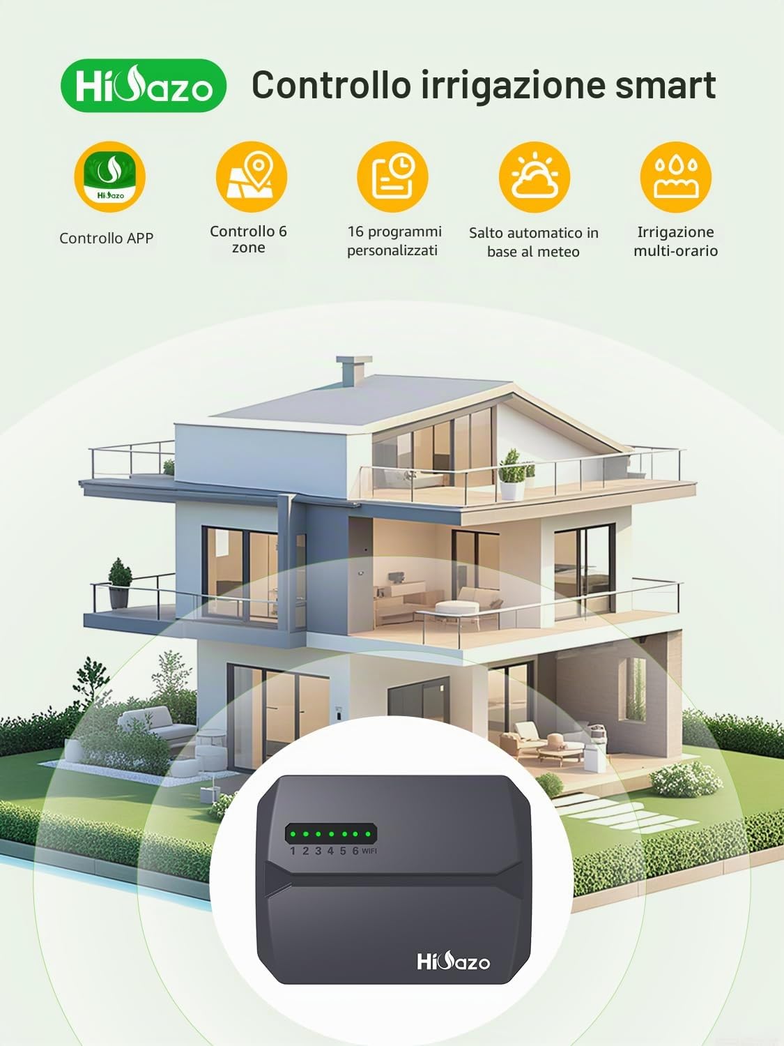 Centralina irrigazione WiFi 6 zone, 16 programmi di irrigazione, salti meteorologici intelligenti, calcolo dell'acqua, irrigazione manuale, centralina per irrigazione giardino, serra, HSC-600W