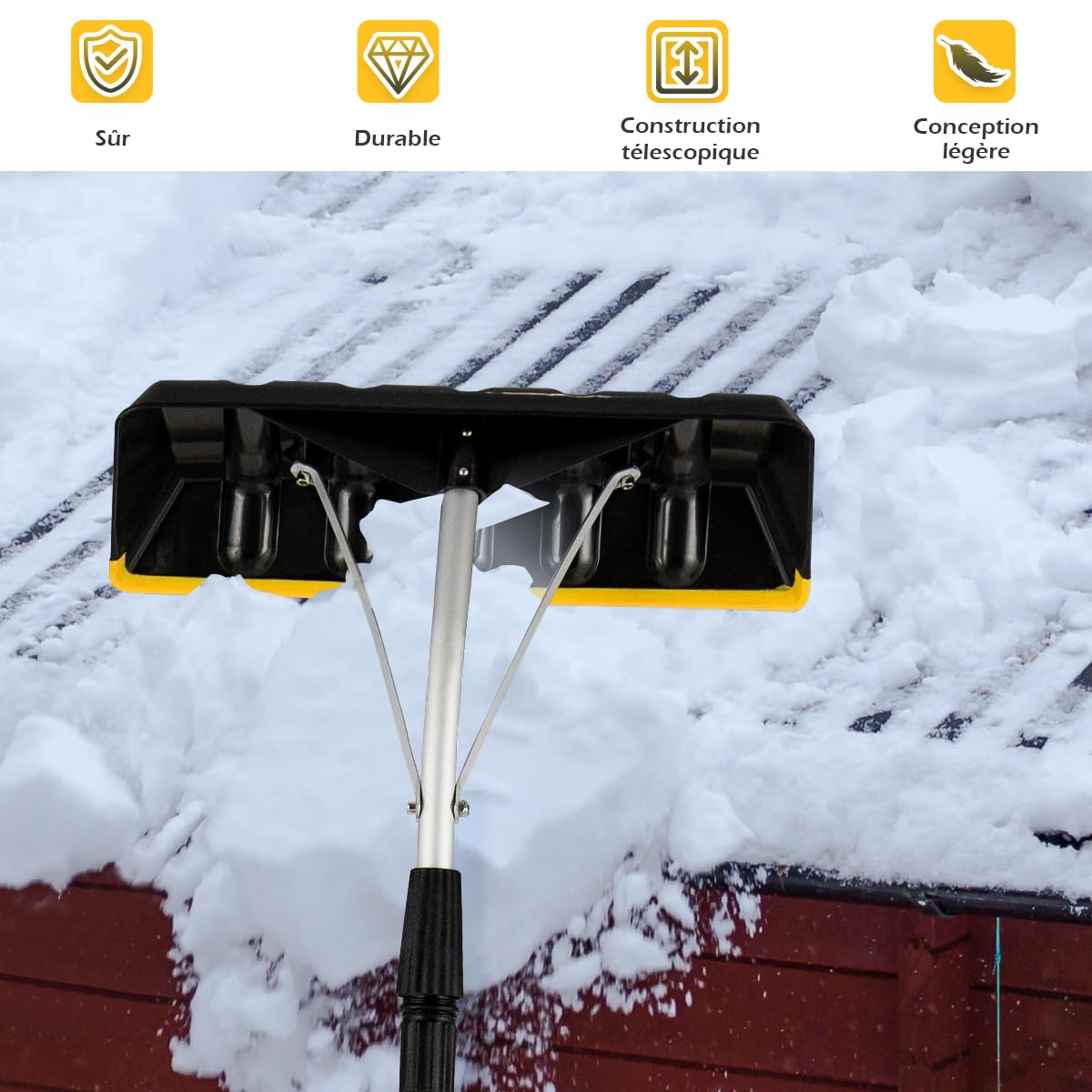 GYMAX Râteau à Neige Télescopique en Aluminium 188-640cm, Longueur Réglable, Grande Lame Rotative, Idéal pour Déneigement, Enlever Les Feuilles/Débris