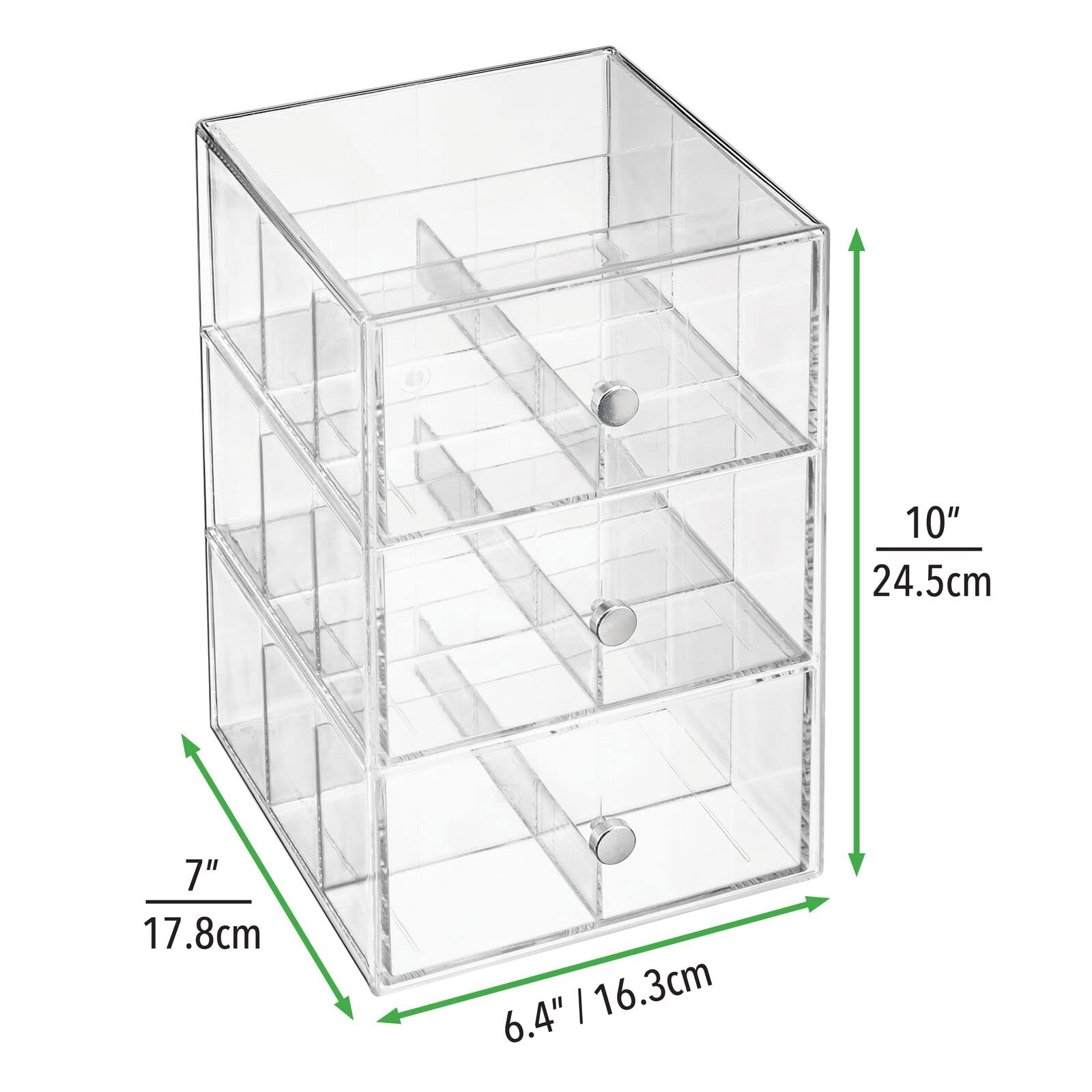mDesign Plastic Wide Kitchen Pantry, Cabinet, Countertop Organizer Storage Station with 3 Drawers for Coffee, Tea, Sugar Packets, Sweeteners, Creamers, Drink Pods, Packets; 18 Sections - Clear