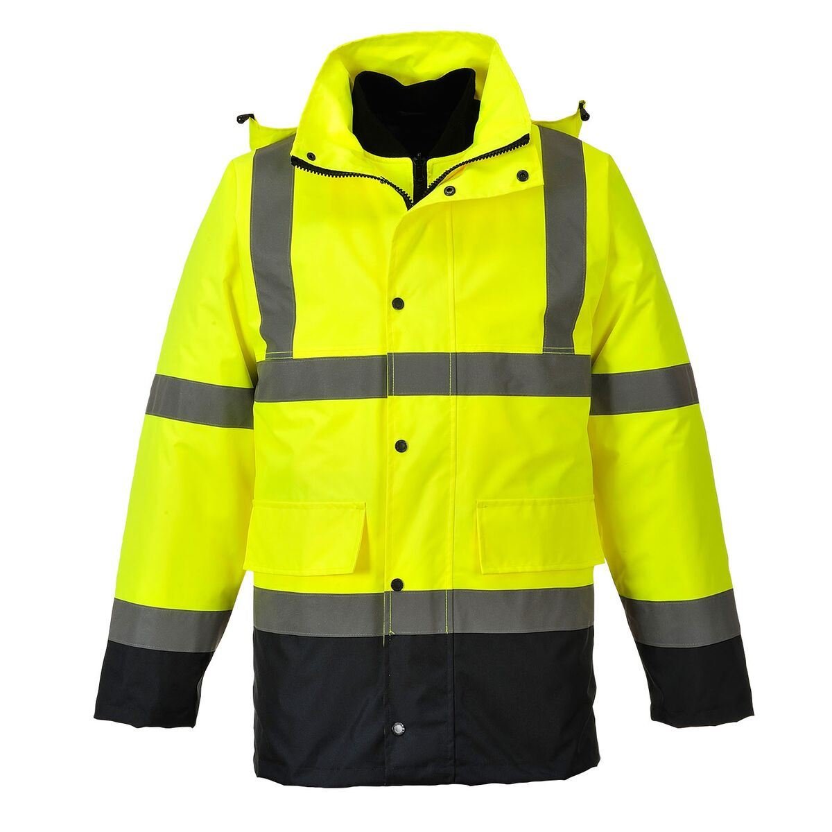 Portwest S471 4-in-1 Arbeitsjacke 8 Taschen Verstaubare Kapuze Druckknopf | Gelb/Marine, 2XL, EN ISO 20471 Klasse 3, UPF 40+, 300D Oxford, 100% Polyester, Elastische Bündchen, Langarm