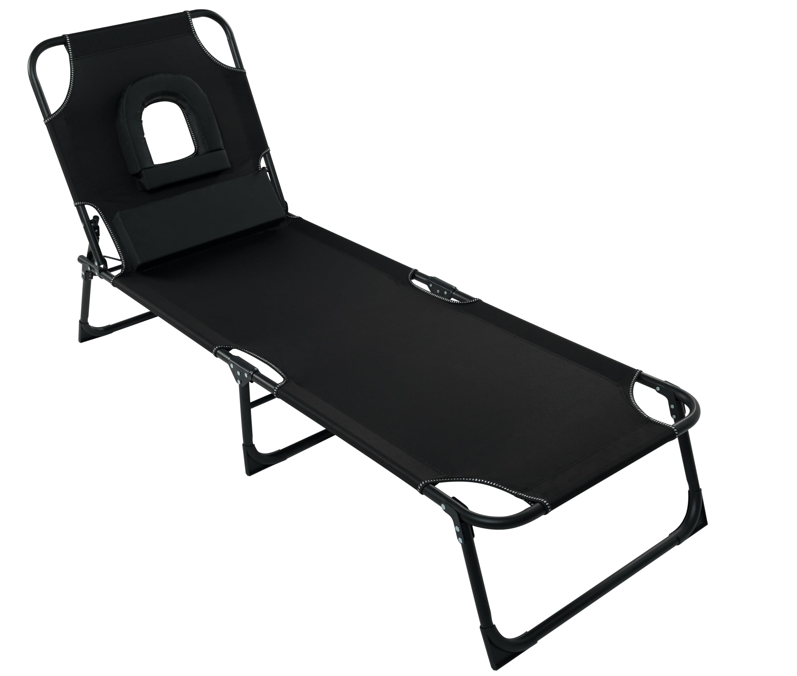Abaseen1x Black Foldable Sun Loungers for Garden Reclining Positions  Sun Lounger Chair with Padded Face Hole Folding Metal Frame Extra