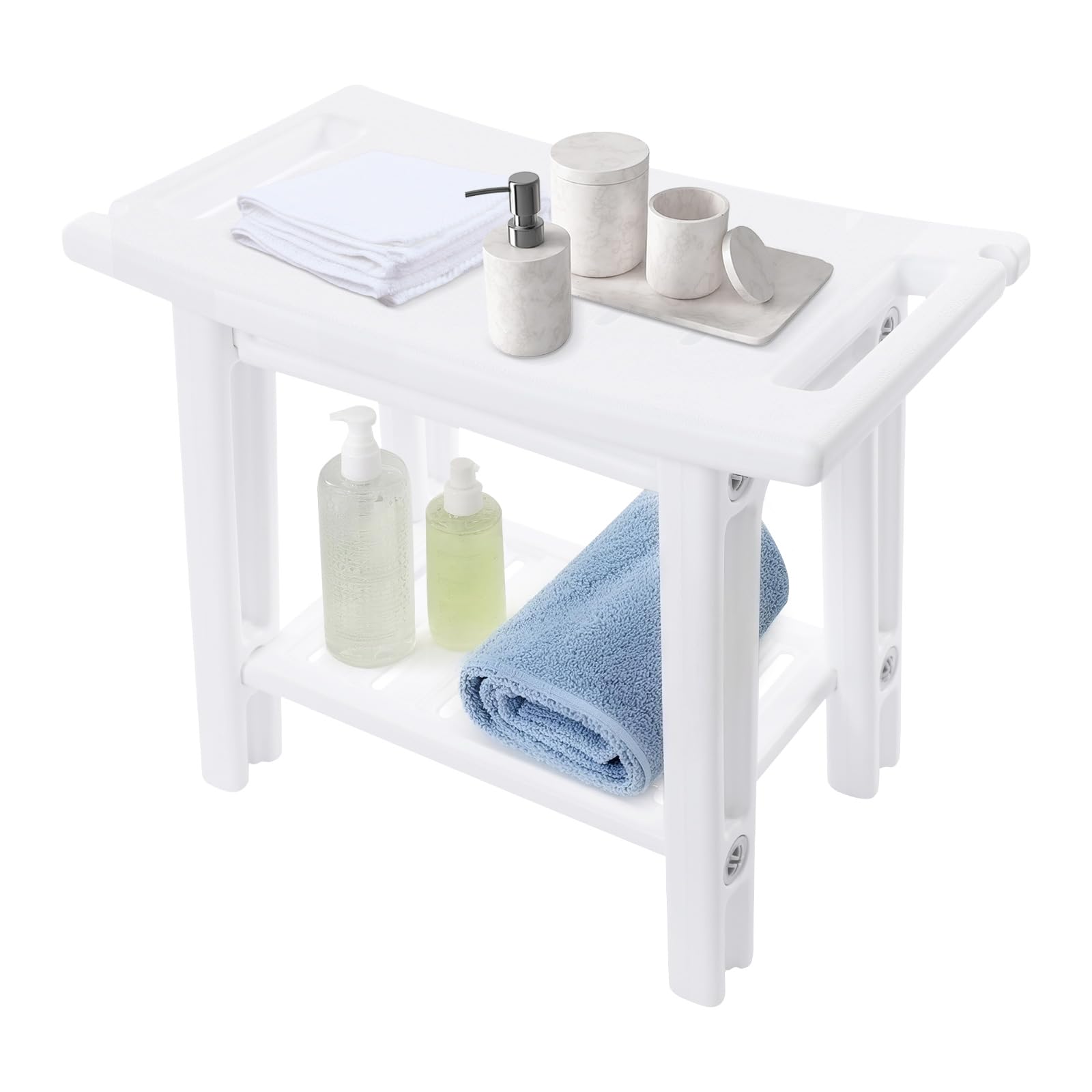 Taburete de ducha de 2 niveles, taburete de baño con soporte para cabezal de ducha, HDPE, taburete de ducha de spa de diseño moderno y ergonómico, color blanco