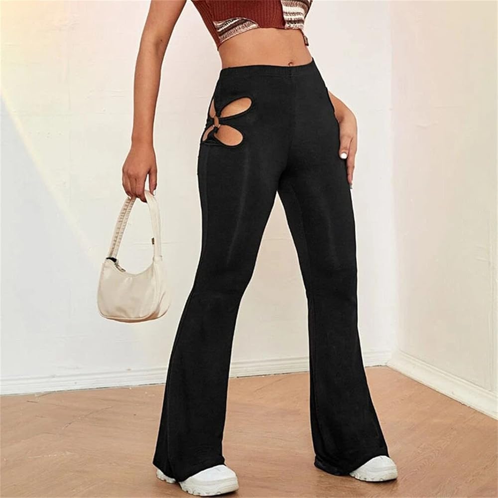 Women's Cutout Skinny Flared Pants Mid Waist Cut Out