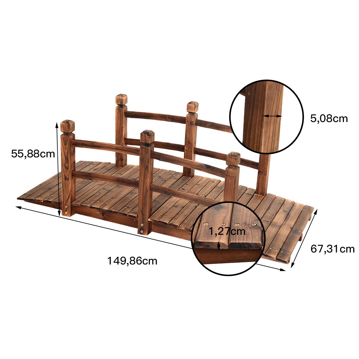 GOPLUS Holzbrücke aus Tannenholz, Gartenbrücke bis 100 kg, Teichbrücke Braun, Zierbrücke mit Geländer, 150x67x55cm (Braun)
