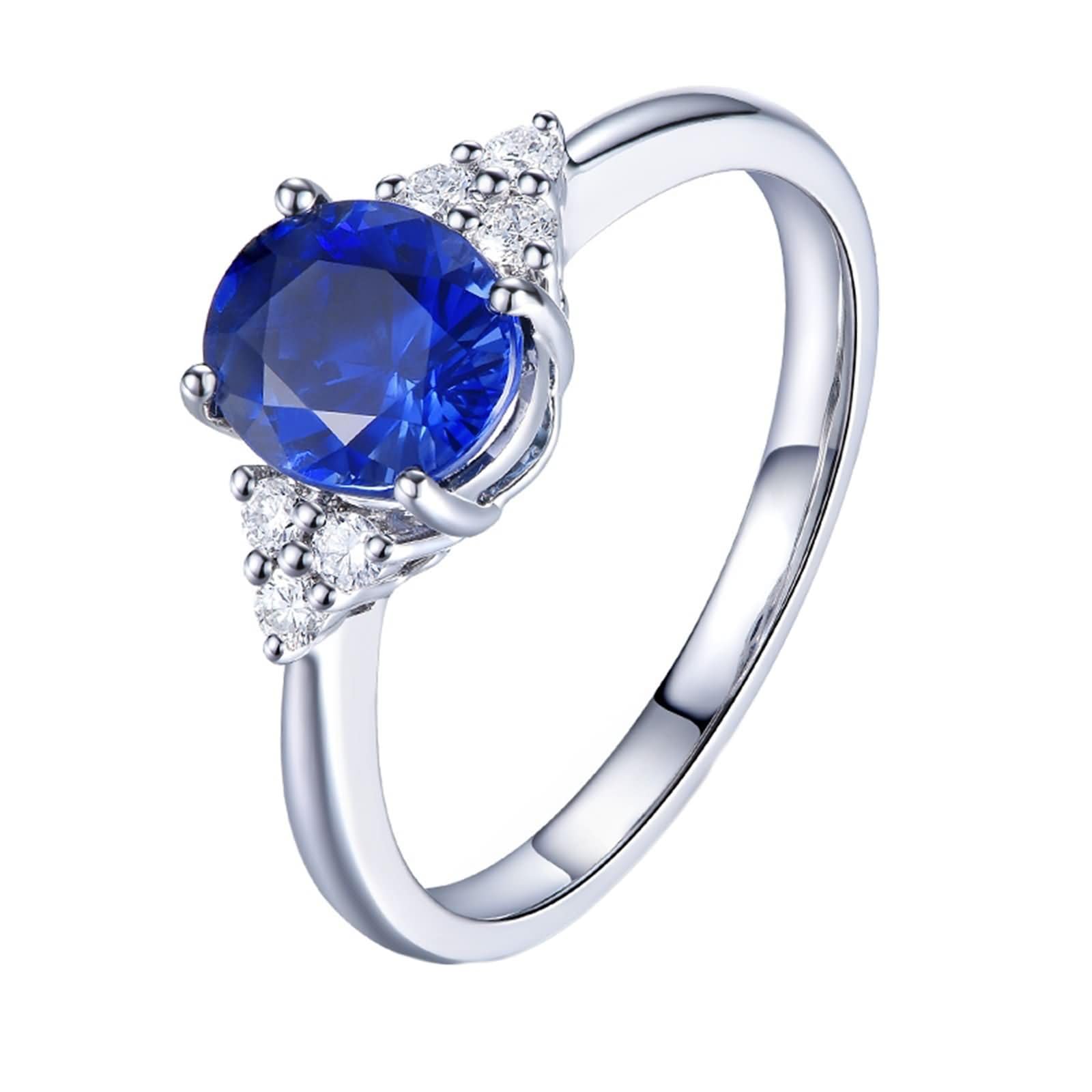 Anillos Mujer Matrimonio Oro Blanco 9 Kilates / 14 Kilates / 18 Kilates, 4 Garras Oval con Zafiro de 0,41ct y Diamante, Anillo Plata Azul Compromiso Mujer
