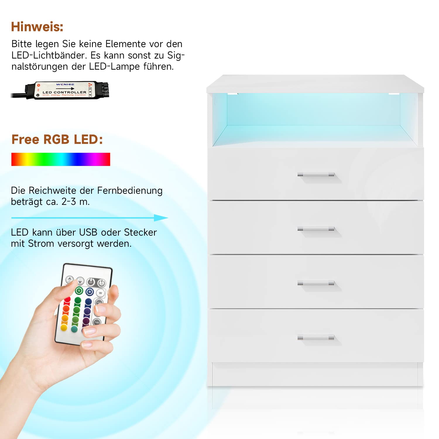 SONNI Kommode mit Vier Schubladen,Einer ferngesteuerten LED-Leuchte, die in 12 Farben einstellbar ist. Die Kommode hat eine weiße UV-High-Gloss-Oberfläche und misst 600mm(B) x 400mm(T) x 830mm(H).