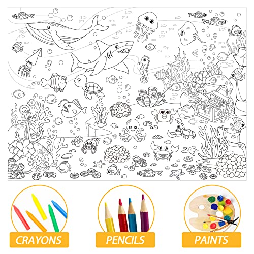 Image of Under The Sea Giant Coloring Poster for Kids Large Coloring Tablecloth Summer Ocean Roll Paper Books Sheets Page Huge Table Art Crafts for Wall Classroom Home Gift Birthday Party Supplies Decoration
