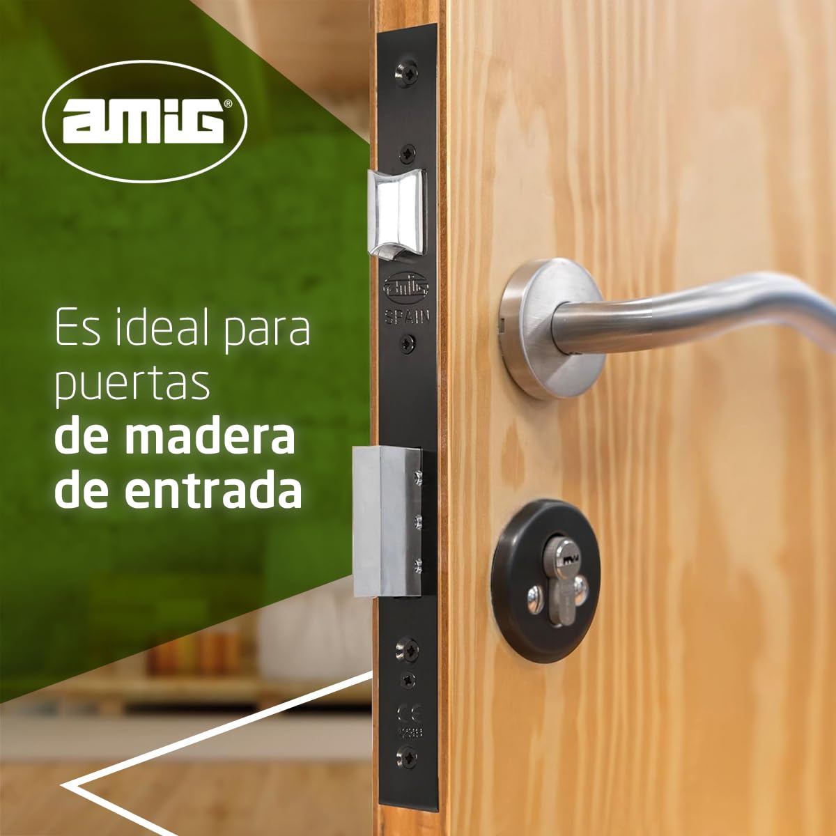 Amig - Cerradura de Embutir con Cilindro de Seguridad y Bocallave + 5 Llaves - Para Puertas de Madera de Entrada - De Acero Acabado en Negro - Picaporte Reversible - Para Manilla de 8 mm