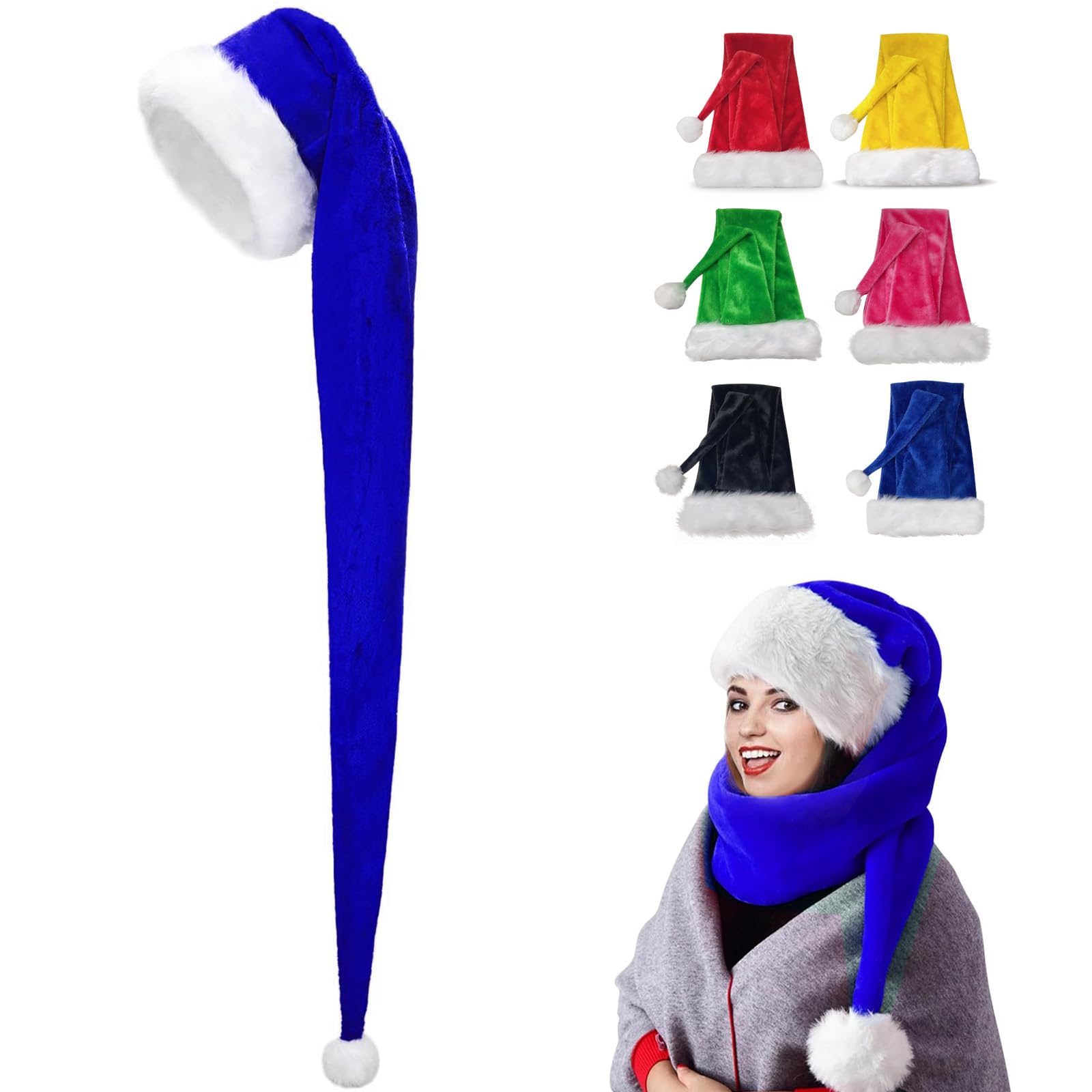 150cm Christmas Hats Santa Hat for Adults,Long Deluxe Velvet Xmas Santa Claus Hat,Unisex Velvet Comfort Christmas Party Hat Thicken Classic Fur for New Year Festive Christmas Party Supplies(Blue)