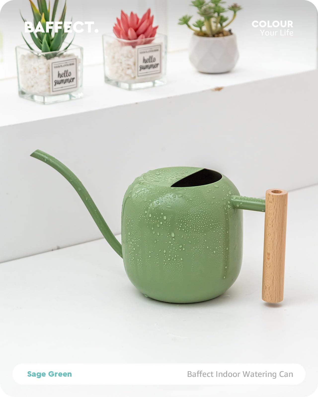 Baffect Arrosoir d'intérieur pour plantes d'intérieur et bonsaï (1,2 L, vert sauge) | Petit pot d'arrosage en métal pour plantes d'intérieur avec long bec et poignée en bois, 1 162,3 g
