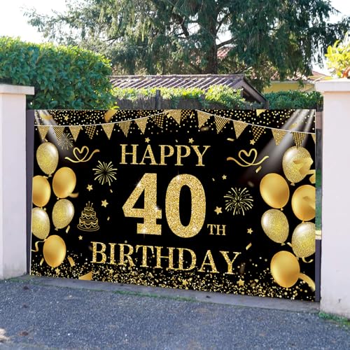 Image of Black Gold 40th Happy Birthday Backdrop Banner Photography Background Decorations for Men Women Forty Years Anniversary Party Accessories Supplies 72.8 * 43.3in