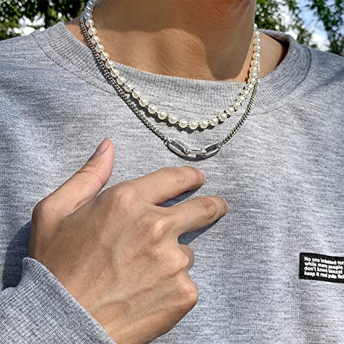COMSY Collier de perles pour hommes ras du cou en fausse perle collier de perles pour hommes déclaration de style hip hop collier à maillons cubains en couches pour ami petit ami mari fils,argent