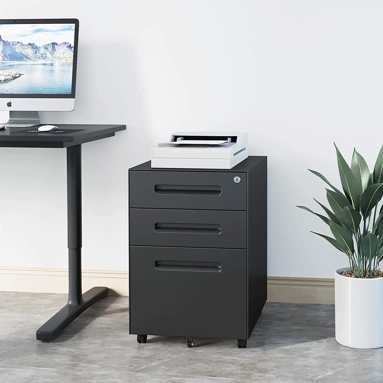 Dripex Metall Rollcontainer Stahl Rollcontainer mit 3 Schubladen und Hängeregistratur Abschließbarer Büroschrank Bürocontainer 5 Räder Aktenschrank 39 x 45 x 60 cm
