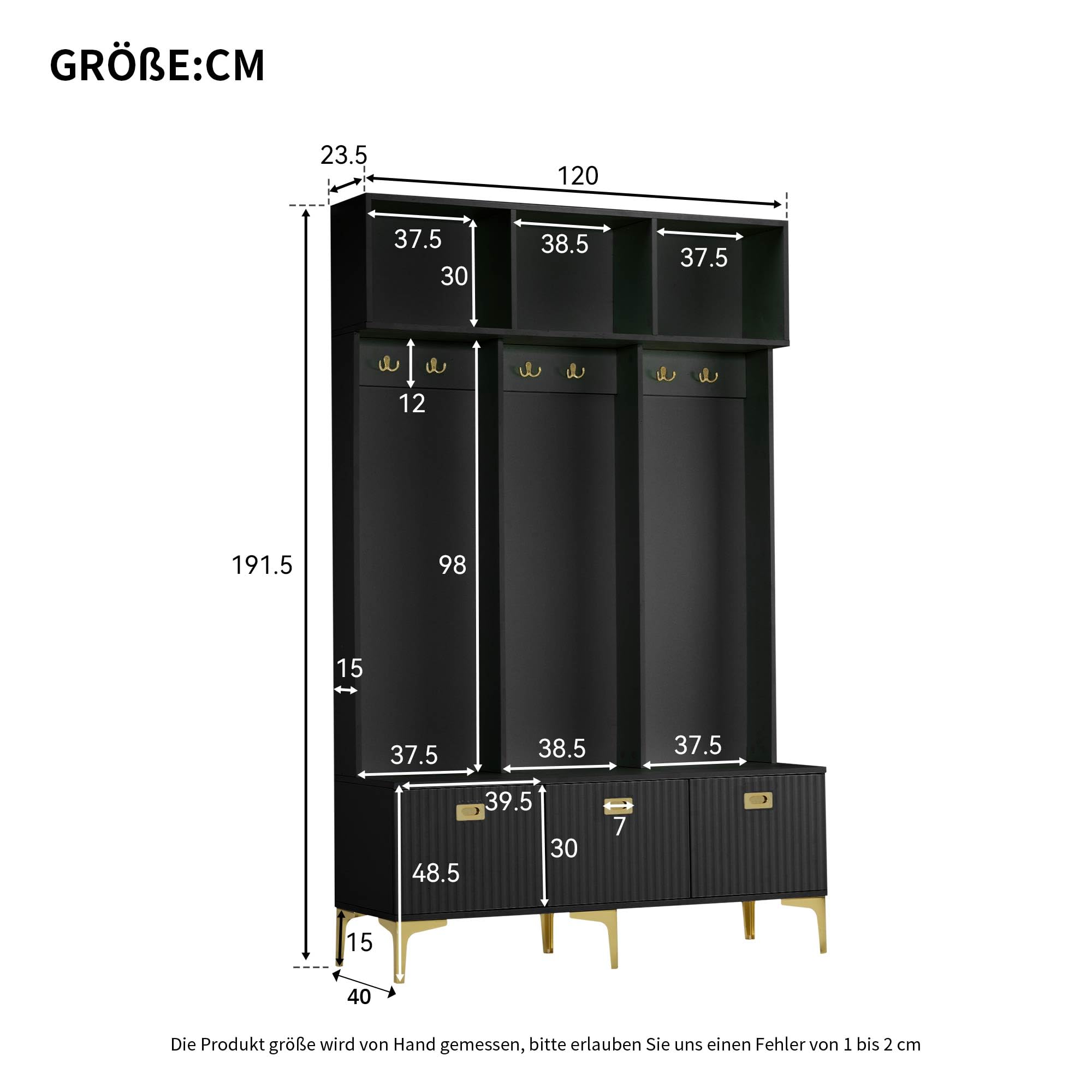 Eingangsbereich Flur Baum mit Aufbewahrungsbank, multifunktionale Garderobe mit offenen Regalen und goldfarbenen Beinen, 6 goldenen Haken, Soft-Close Gasdruckfeder, Hochglanz-Rillentüren