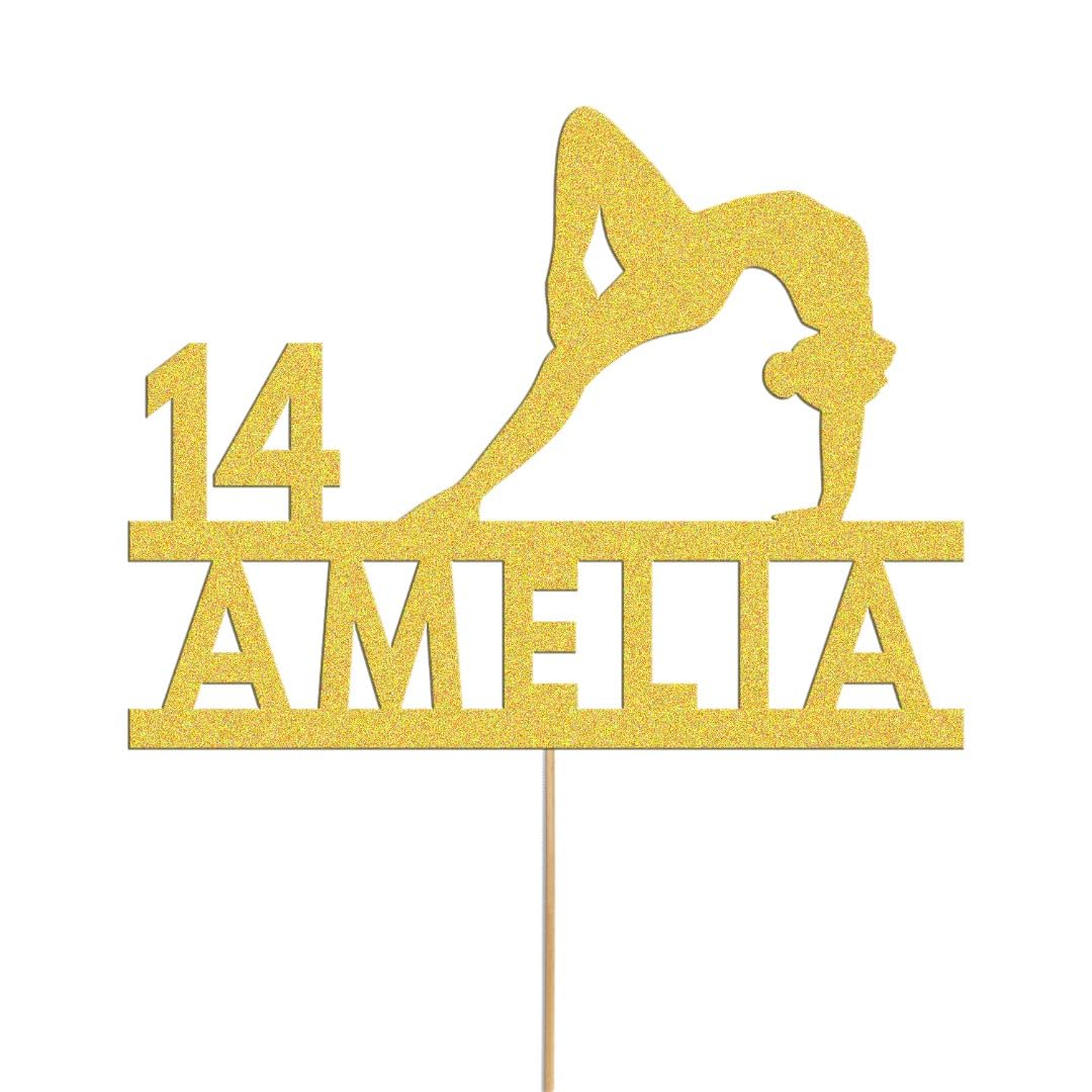 Personalised Cake Topper Name | Custom Gymnast Cake Glitter Topper Girl with Any Name and Age | Gold