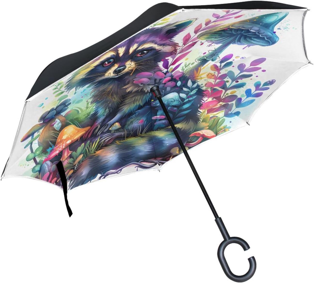Raccoon Mashrooms Inverted Umbrellas for Rain Windproof Reverse Upside Down Golf Umbrella with C-shape Handle for Men Women