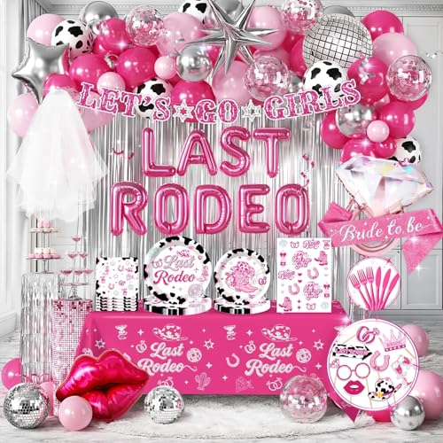Cocomigo 257PCS Last Rodeo Bachelorette Decorations All-in-One Cowgirl Bachelorette Party Decorations with Balloon Garland Tableware for 25 Guests Lets Go Girls Banner Bride Sash and Veil