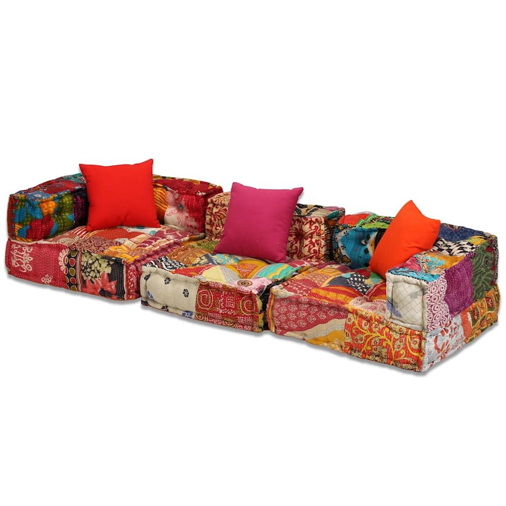 3-osobowa, modułowa pufa, patchwork, bawełna, 200 x 70 x 58 cm, z 3 poduszkami, do wszechstronnego łączenia, do salonu, na taras, do biura, ogrodu, ergonomiczna i antypoślizgowa