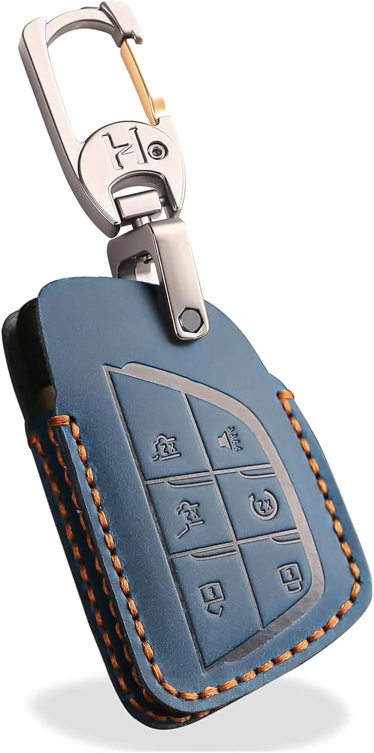 OLLEN Genuine Leather Key Fob Cover 2021-2026, Fit for GMC Yukon Denali Sierra Chevy Silverado Suburban Tahoe Buick etc, Leather Smart Remote Key Protector, 6 Buttons, Blue