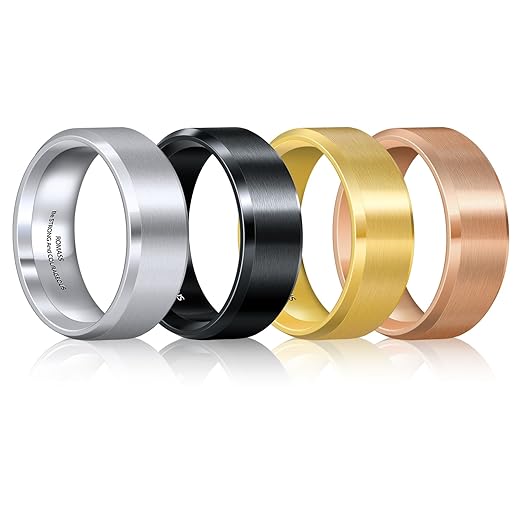 Romass Valentines Day Gifts for Him 4Pcs Rings for Men Women,Stainless Steel Wedding Rings Bible Verse Silver/Black/Gold/Rose Gold 8MM Matte Surface,Beveled Polished Edge Mens Ring Gifts Jewelry Box 7-14 Inches
