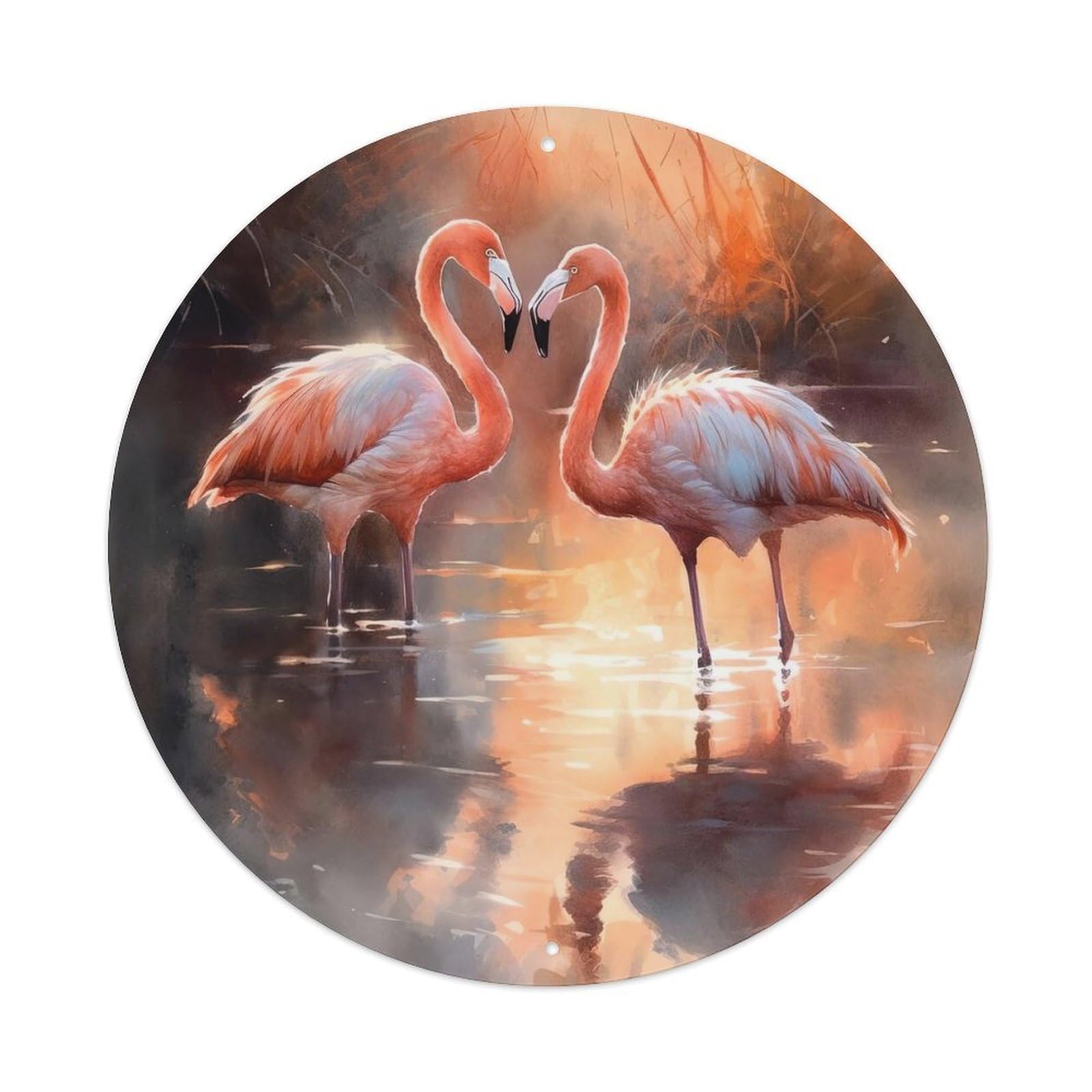 Animal Art Flamingo Oil Painting Style Vintage Metal Tin Sign Plaque Wall Decor for Cafe, Club, Garden Round Metal Poster 8x8Inch