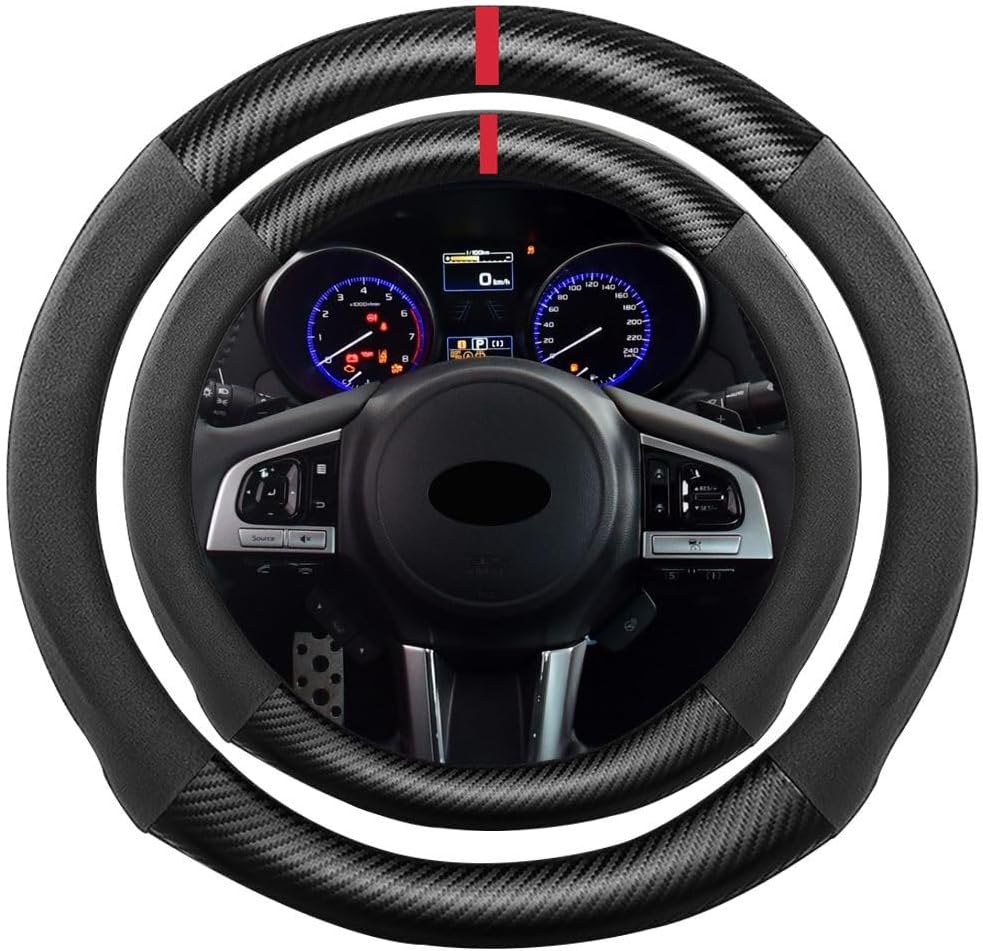 Suede Carbon Fiber Steering Wheel Cover, Compatible with Toyota 4Runner Sequoia Tacoma Tundra Sienna 16 inch Soft Suede Touch Leather Sport Non-Slip Automotive Interior Accessories