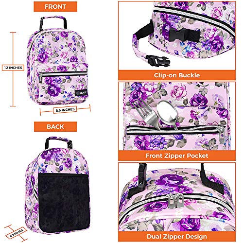 Opux Insulated Flower Lunch Box For Girls Boys, Leakproof Lunch Bag For Kids Teens, Reusable Lunch Pail Cooler Tote For Work Women Adults, Back To School Gift, Backpack Shape Lunchbox, Floral Purple #TOP2