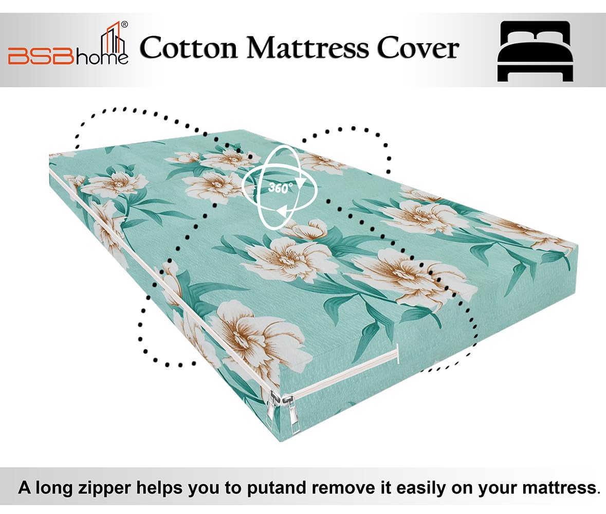 BSB HOME Premium Cotton Printed Mattress Cover/Protector with Zipper Chain|Provides All Around Protection with 360° Encasing |Single Size Bed - 72x36+6 inches (6 x 3 Feet Mattress) - Light Green 3