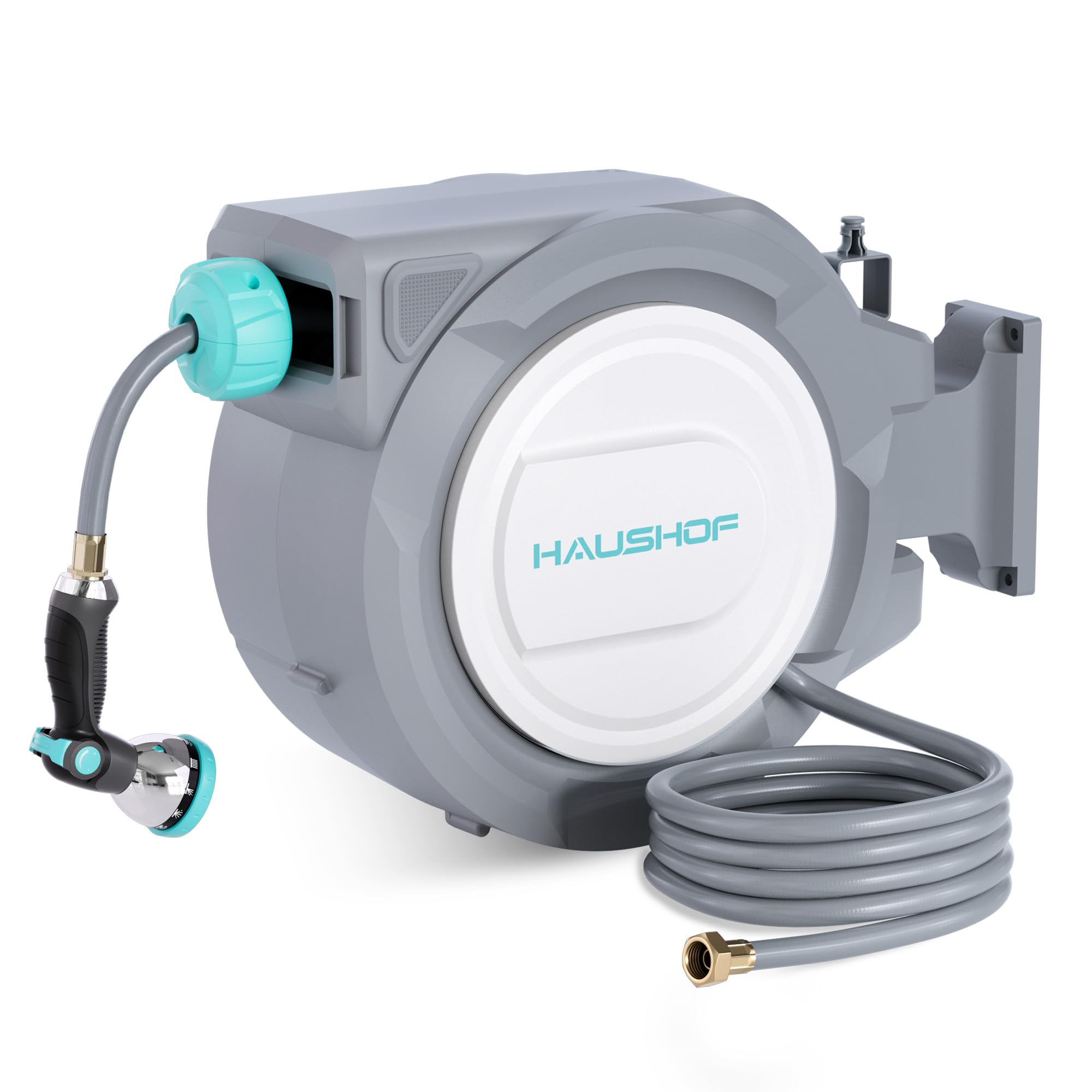 haushof 1/2" x 100 ft retractable garden hose reel with automatic rewind, 10-pattern spray nozzle, durable high-pressure hose, and 180Ⱐswivel bracket – perfect for watering gardens, cleaning patios