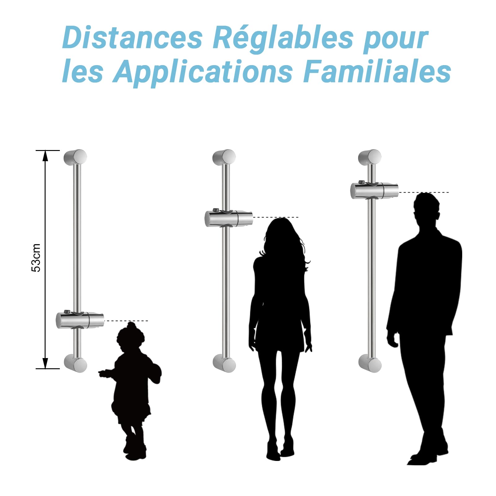 OFFO Barre de Douche 53cm,avec Support Pommeau de Douche,Distance Réglable de 22 à 50cm,Barre Douche de Remplacement,Finition en Acier Inoxydable