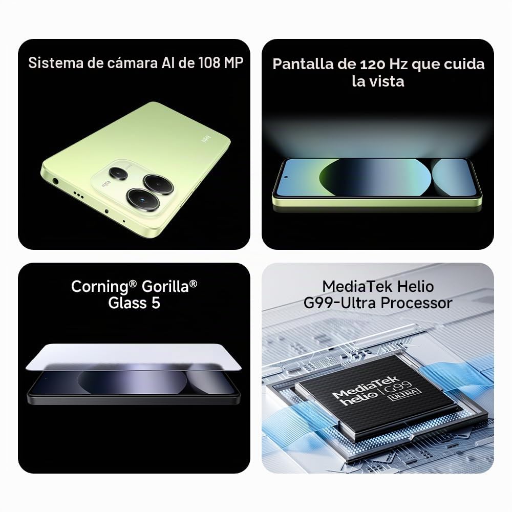 Xiaomi Teléfono Inteligente Redmi Note 14, 8+256GB, Negro, Sistema de cámara AI de 108 MP, batería de 5500 mAh, Pantalla de Cuidado Ocular de 120 Hz, Funciones de IA (no Incluye Cargador)