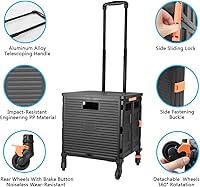 Vista 218 de FELICON SELORSS - Carrito plegable portátil con ruedas para subir escaleras y ruedas giratorias de 360°, mango telescópico, caja de plástico