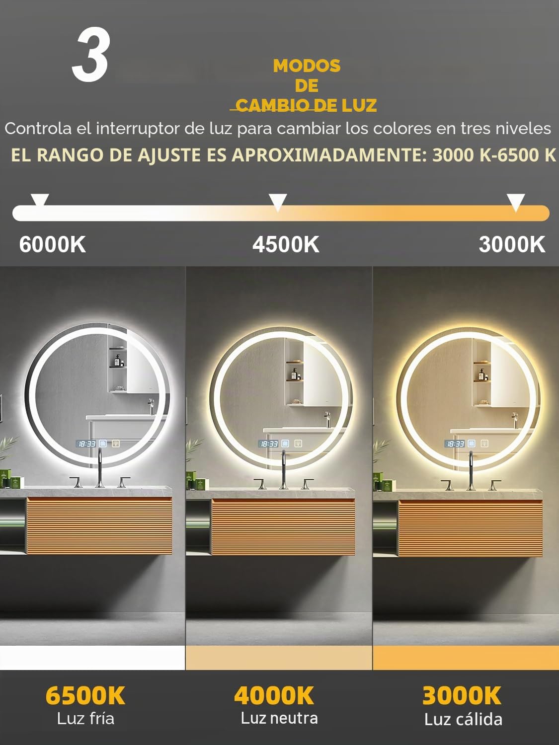 Bellanny Espejo Baño con Luz, 60cm Espejo Grande de Pared, 3000K/4500K/6500K Espejo-Baño-Antivaho, Espejos de Tocador | Regulable,Memoria,Reloj,Vidrio Templado HD,IP44 LED Espejos Retroiluminado Ronda