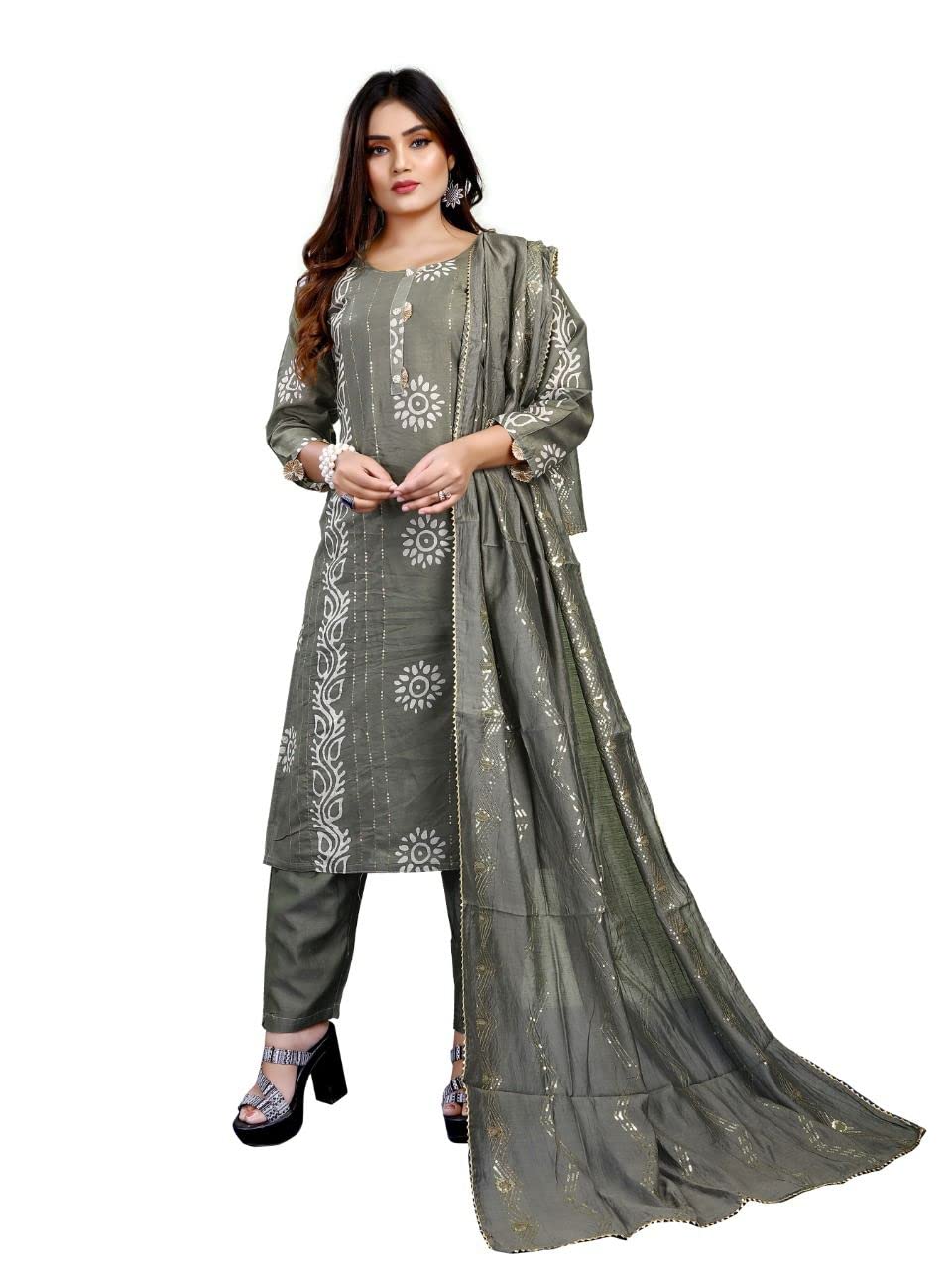 KavyaFashionWomen's Silk Blend A Line Kurta With Pant (KF_Kurti Pant_Grey_1033_L_Grey_L)