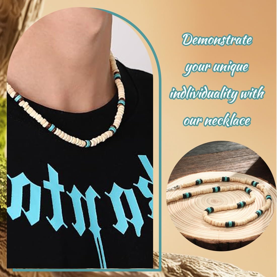 1 Pcs Collana E Bracciale Di Perle, Surf Collana Con Perle Di Cocco Fatti A Mano, Beach Gioielli Da Uomo, Collana Da Surfista Da Uomo, Catena Di Legno Perline Impermeabili, Collana Da Spiaggia