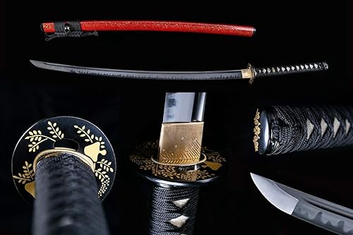 Handforged Samurai Katana Sword - Damascus10601095 High Carbon Steel, Full Tang, Iron Tsuba, Solid Wood Saya - Real Functional Sharp Blade for