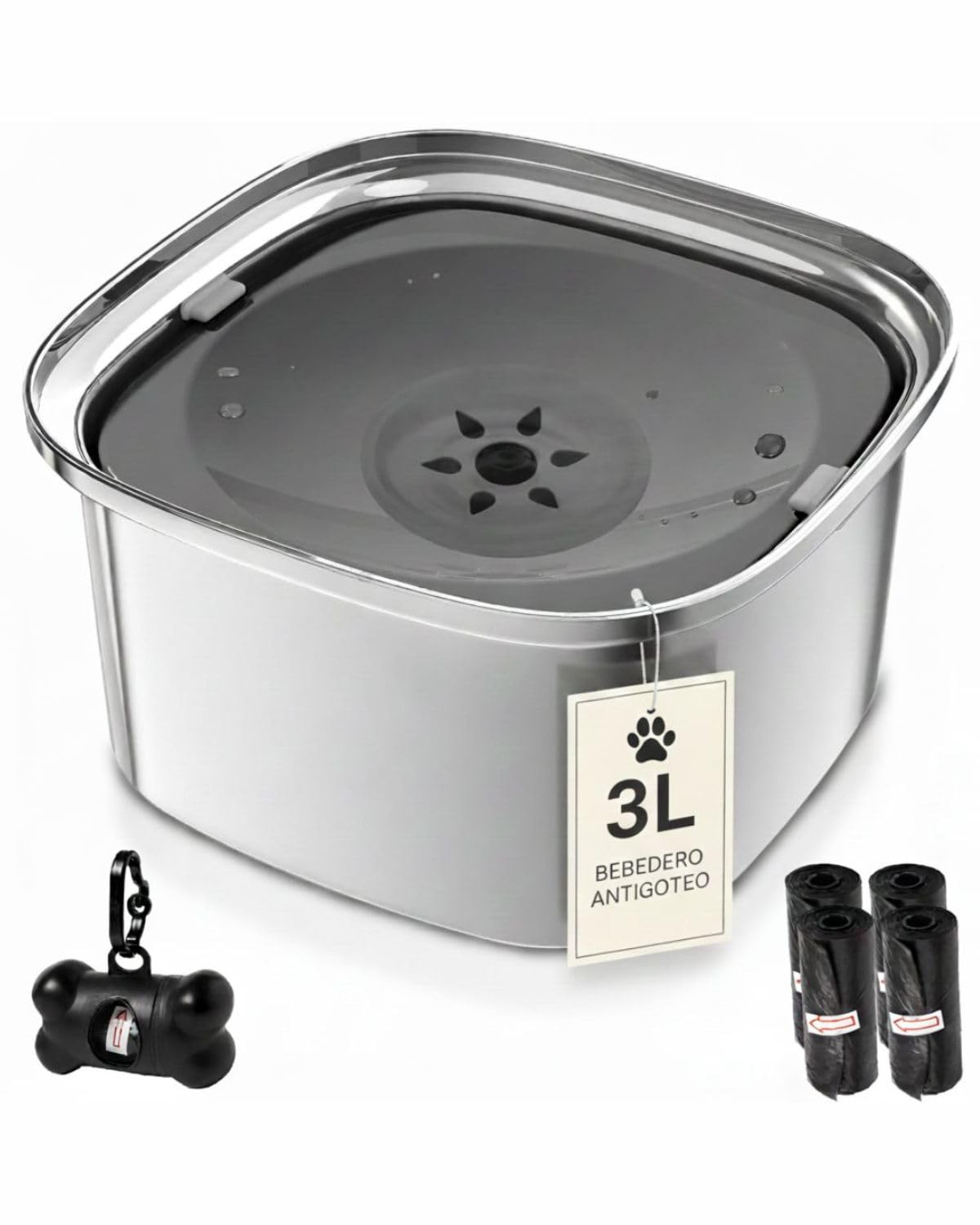 Bebedero Perro - 3L de Capacidad - Antigoteo, Antisalpicaduras y Antivuelco - Acero Inoxidable -Antideslizante - Apto Interior y Exterior - Incluye Dispensador + 4 Rollos de Bolsas