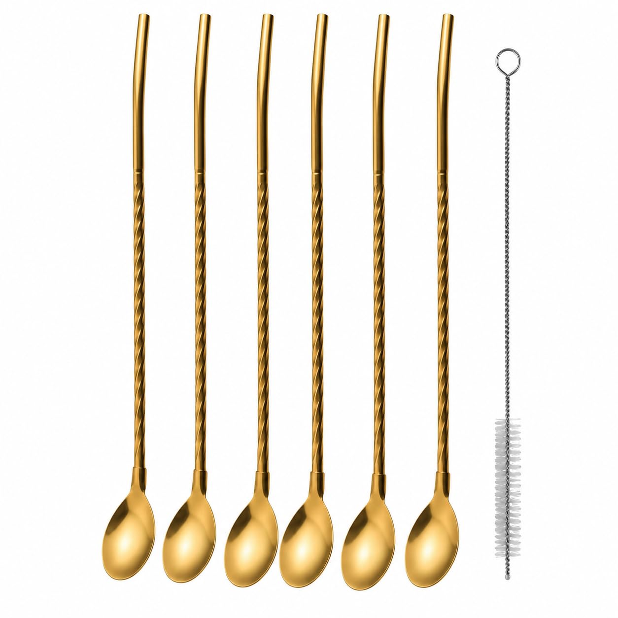 Stainless Steel Straw Spoon Set of 6 with Cleaning Brush, 304 Food Grade Reusable Metal Drinking Straw Spoon for Bubble Tea, Smoothies, Milkshake, Juice & Coffee, Golden Colour Straws.-image-32