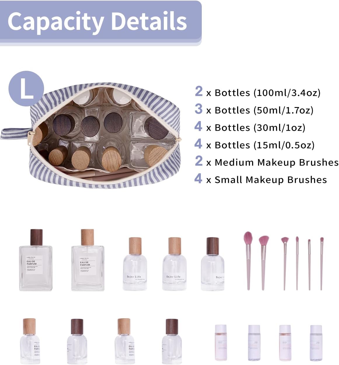 Narwey Cute Makeup Bag Small Toiletry Bag Travel Cosmetic Bag Organizer Make Up Bags with Organized Pockets for Women (Greyish Blue Stripe, Large) - Image 3