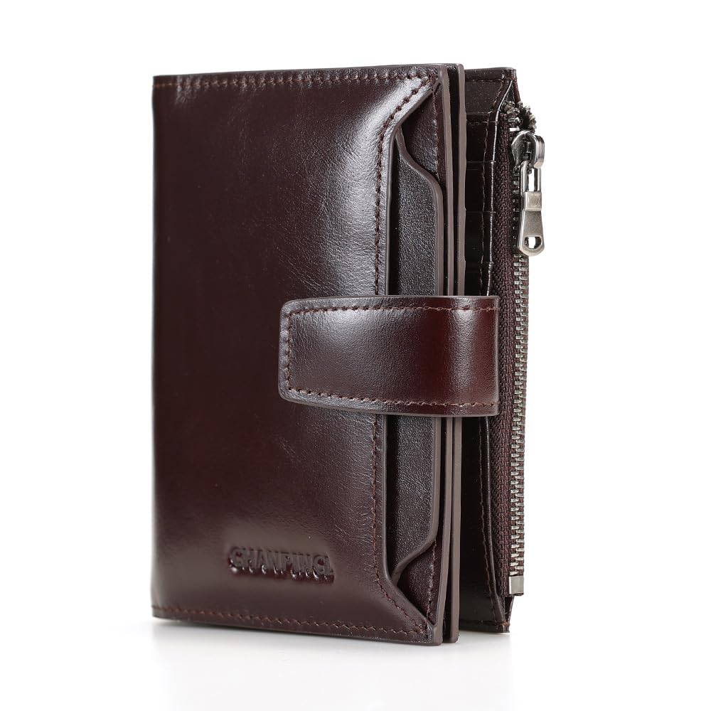 CHANPINCL mens buckle, zipper, leather wallet, detachable card, large capacity, multi-functional coin pocket (Oil waxy brown)