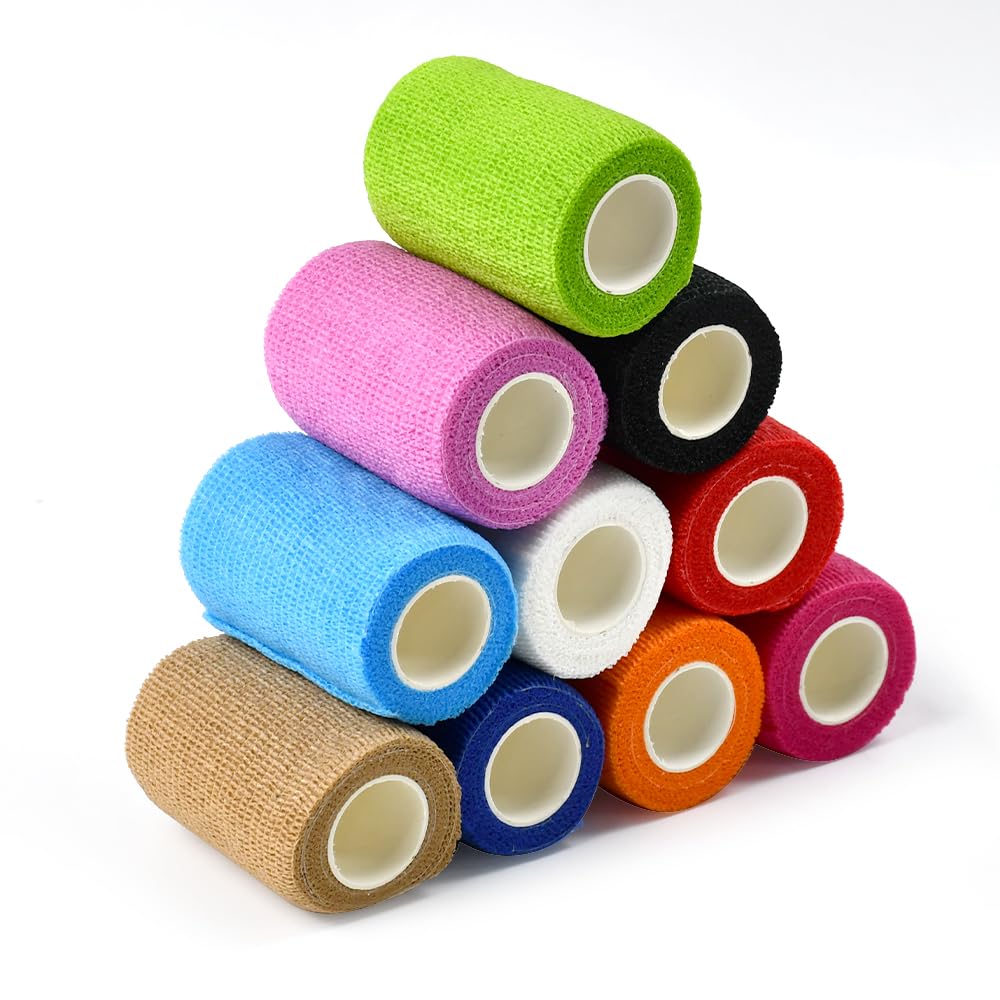 10 Rotoli di Benda Elastica Autoadesiva,Elastica Bendaggio Adesiva da 7.5 cmx 5 m,Autoadesivo Benda Salvapelle Fasciature per Mani, Piedi, Ginocchia (Colorati)