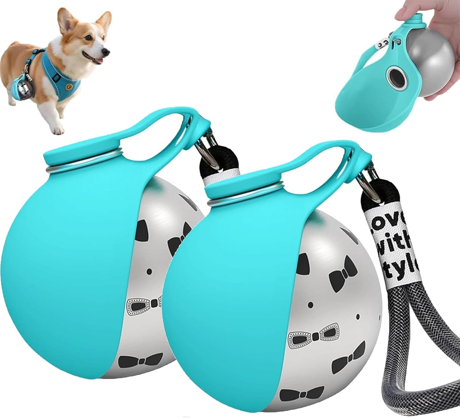 Stainless Steel Foldable Dog Water Bottle, 2 in 1 Portable Dog Water Bottle, Leak Proof, Silicone Bowl, 2 in 1 Dog Water Bottle, for Walking/Hiking/Travel - Small Dog Hydration (Blue+Print,2PCS)