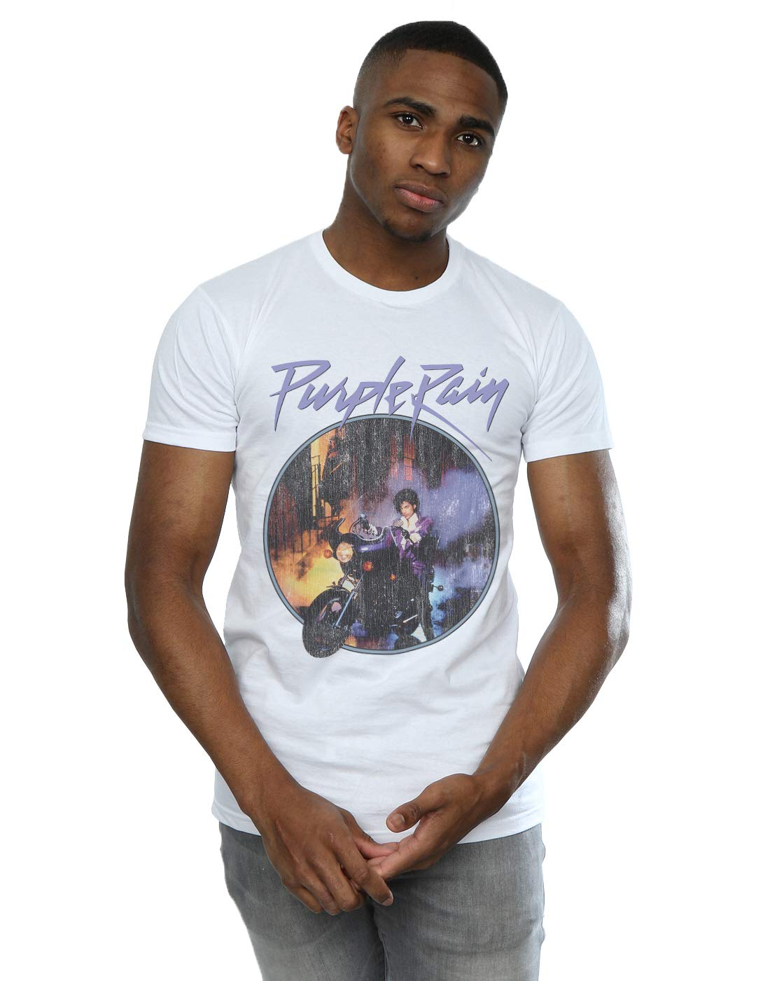 Absolute Cult Men's White Prince Purple Rain Distressed T-Shirt Small