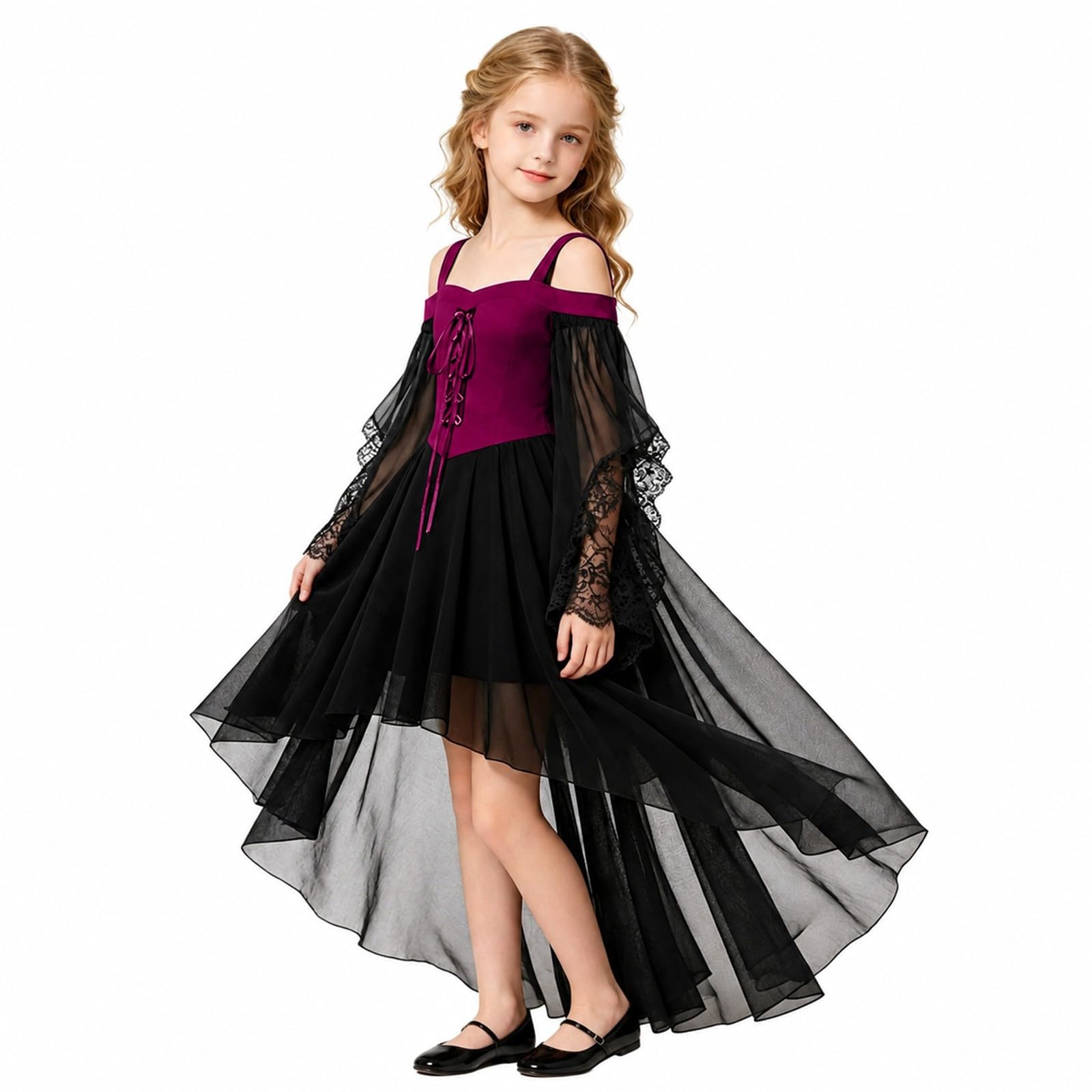 Vokuhila - Vestito medievale per Halloween, per bambine, gotico, cosplay | Vestito da principessa per bambini, a maniche lunghe, con spalle scoperte, in pizzo, stile vittoriano, vampiro, carnevale