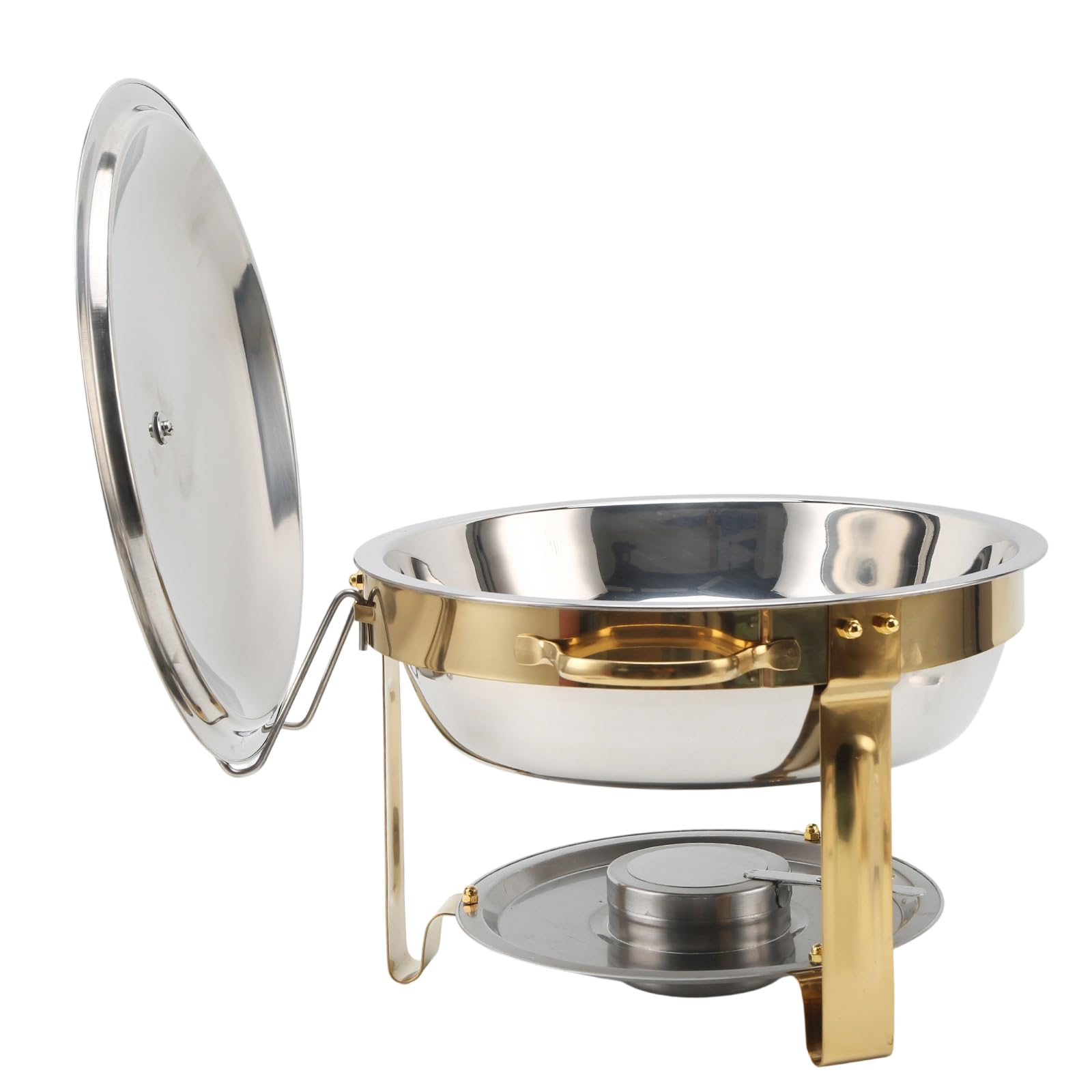 Chafing Dish - Set di 2 contenitori scaldavivande rotondi in acciaio inox da 4,5 l | Scaldavivande con supporto per coperchio, scaldavivande per buffet, catering, matrimoni, feste (argento)