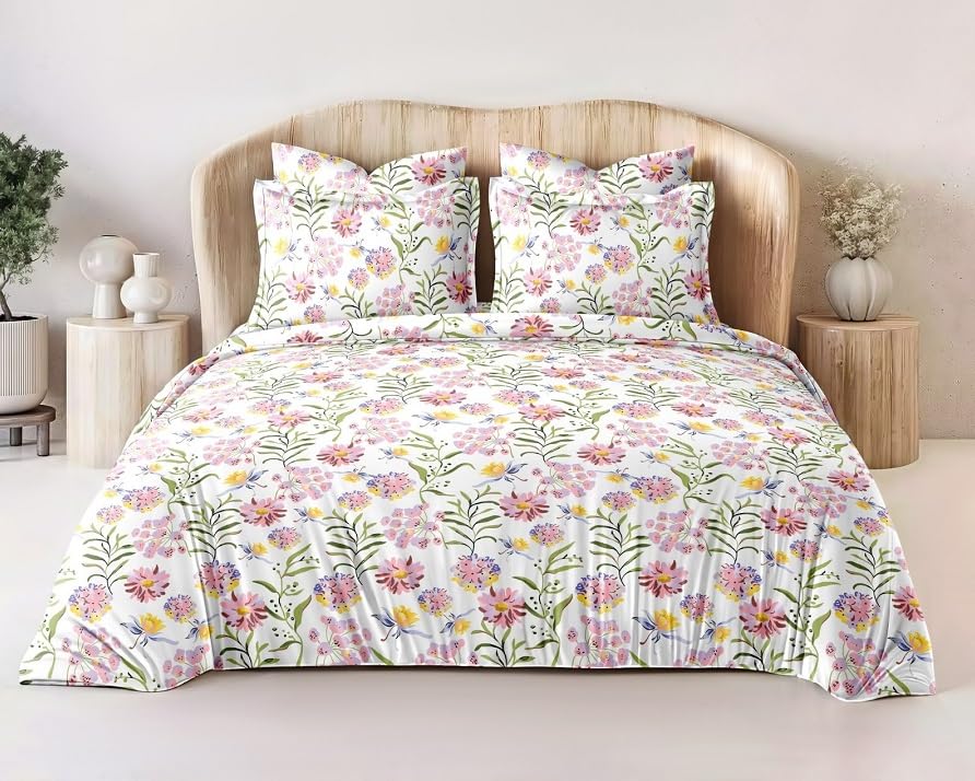 Image of 1 Reversible Comforter Super King Size 108 x 108 Both Side Same Print 1 Bedsheet King Size 108 * 108 inches and 2 Pillow Cover 4 Pieces Bedding Set | AC Quilt | AC Dohar -Flower White